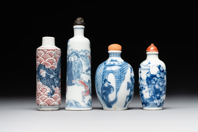 Two Chinese blue and white snuff bottles and two blue, white and copper-red snuff bottles, Yongzheng and Qianlong mark, 19th C.