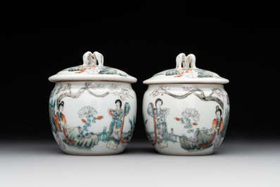 A Chinese famille verte vase, two famille rose jars and three covered jars, 19th C.