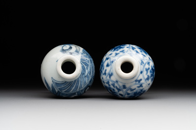 Two Chinese blue, white and copper-red snuff bottles, Yongzheng mark, 18/19th C.
