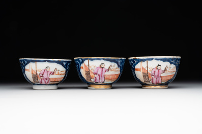 A Chinese Canton famille rose 18-piece 'mandarin subject' tea service, Qianlong