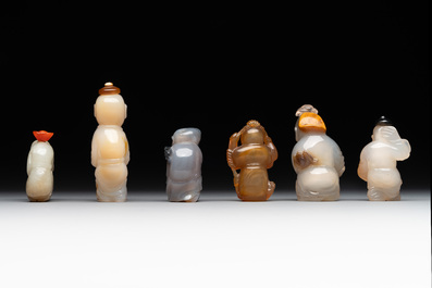 Six Chinese carved jade and agate 'figural' snuff bottles, 19/20th C.