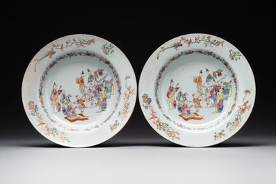 Four Chinese famille rose 'ladies playing music with children' plates, Qianlong