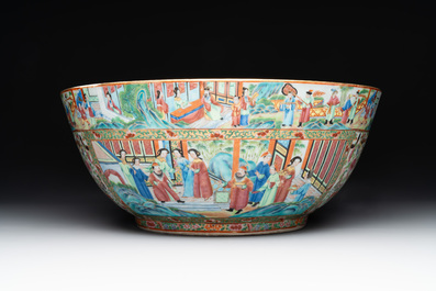 A large Chinese Canton famille rose bowl with a bronze stand, 19th C.