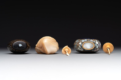 Two Chinese lacquered and mother-of-pearl-inlaid snuff bottles and a carved mother-of-pearl shell snuff bottle, Qianlong mark, 18/19th C