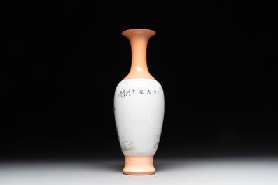A Chinese famille rose 'birds and flowers' vase, signed Deng Xiaoyu 鄧肖禹, dated 1961