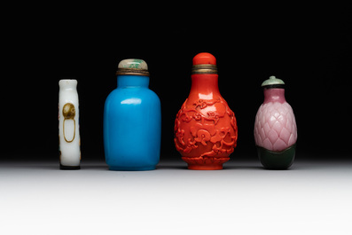 Four Chinese Peking glass snuff bottles, one with a Qianlong mark, 18/19th C.