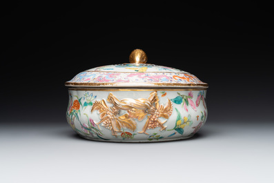 A rare Chinese Canton famille rose '100 butterflies' tureen and cover on stand, 19th C.