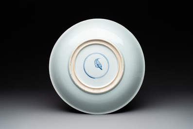 A Chinese famille verte 'leaping carps' dish, artemisia leaf mark, Kangxi