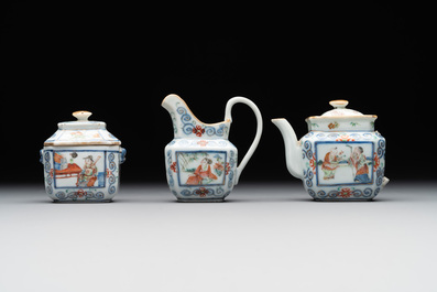 A Chinese blue, white and famille rose tea service, three famille rose bowls, a plate and a covered jar, 19th C.