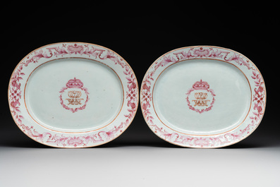 Three large oval Chinese crown-monogrammed puce-enamelled and gilt-decorated dishes, Qianlong