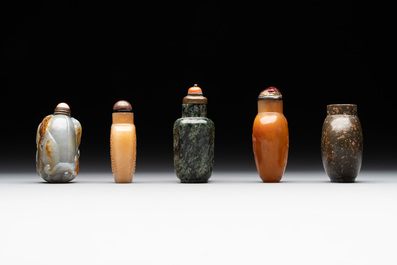 Five Chinese jade and hardstone snuff bottles, 20th C.