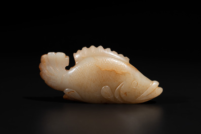 A Chinese white and russet jade mandarin fish or Chinese perch, Yuan