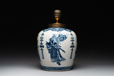 A Chinese blue and white 'dragon' vase, one jar mounted as lamp, two jars and a plate, Chenghua mark, 19th C.