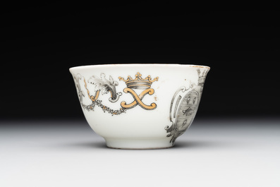 A Chinese gilt-decorated grisaille armorial cup and saucer, Qianlong