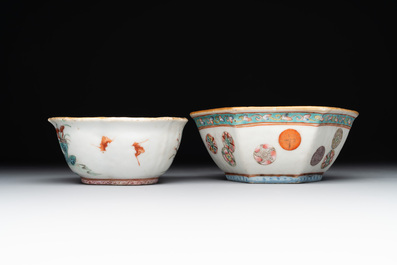 A Chinese blue, white and famille rose tea service, three famille rose bowls, a plate and a covered jar, 19th C.