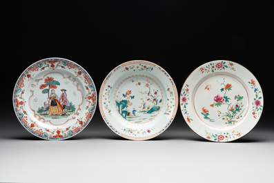 A Chinese famille rose dish, two plates and a Dutch-decorated plate, Qianlong