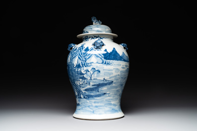 A Chinese blue and white 'landscape' vase and cover, Chenghua mark, 19th C.
