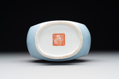 A Chinese famille rose lavender-ground vase with narrative design, Yongzheng mark, Republic