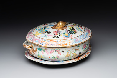 A rare Chinese Canton famille rose '100 butterflies' tureen and cover on stand, 19th C.