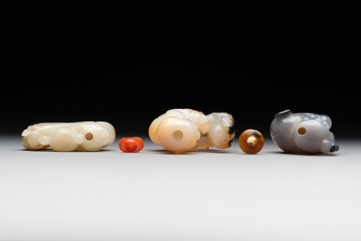 Six Chinese carved jade and agate 'figural' snuff bottles, 19/20th C.