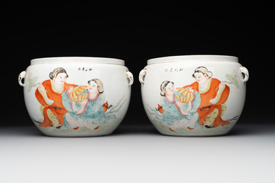 A Chinese famille verte vase, two famille rose jars and three covered jars, 19th C.