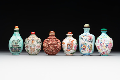 Six Chinese famille rose moulded snuff bottles, Qianlong mark, 19/20th C.