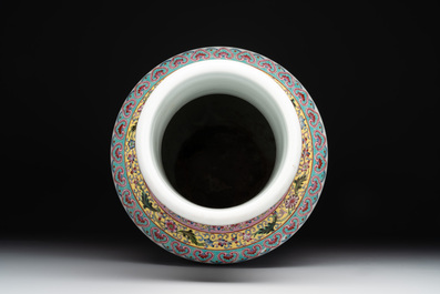 A Chinese famille rose vase with ladies in a garden, Qianlong mark, 20th C.