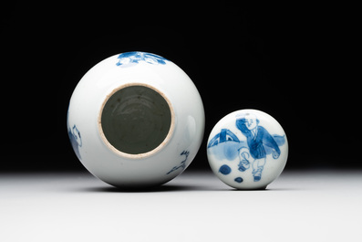 A Chinese blue and white tea caddy and cover with a lady and playing boys, Kangxi