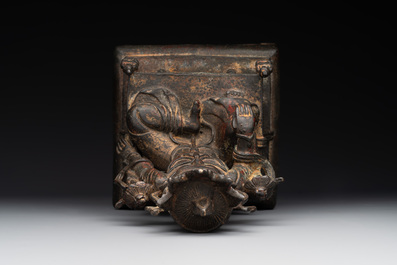 A Chinese bronze Bodhisattva on stand, Yongle mark, dated 1422