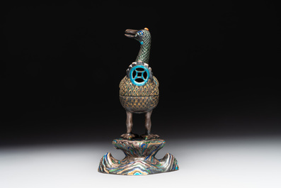 A rare Chinese turquoise and red coral inlaid silver enamelled duck-shaped censer and cover, 19/20th C.