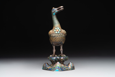 A rare Chinese turquoise and red coral inlaid silver enamelled duck-shaped censer and cover, 19/20th C.