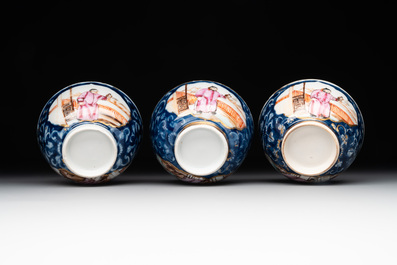 A Chinese Canton famille rose 18-piece 'mandarin subject' tea service, Qianlong