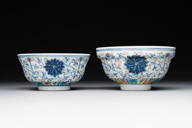 Two Chinese blue, white and famille rose bowls and two famille rose bowls, Guangxu and Shen De Tang mark, 19th C.