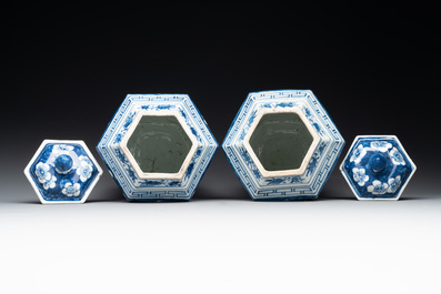 A pair of Chinese blue and white hexagonal jars and covers with a lady holding a fan, 19th C.