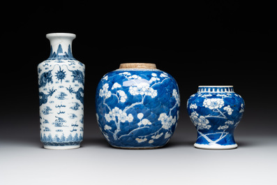 A Chinese blue and white 'dragon' vase, one jar mounted as lamp, two jars and a plate, Chenghua mark, 19th C.