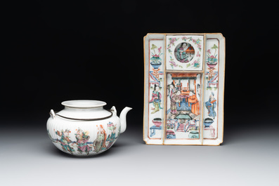 A Chinese famille rose ink set and a teapot, Tongzhi mark, 19th C.