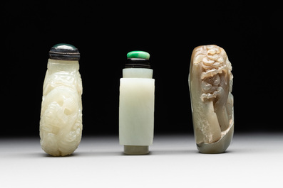 Three Chinese celadon jade snuff bottles, Qing