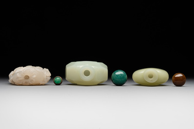 Six various Chinese hardstone and jade snuff bottles, 19/20th C.