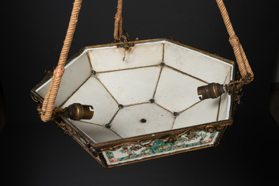 A French chandelier inset with Chinese famille verte plaques, 19th C.