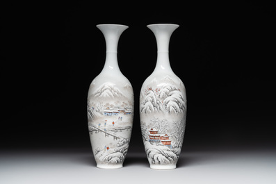 A pair of Chinese polychrome 'snow scene' vases, Jing De Zhen Zhi 景德鎮製 mark, dated 1979