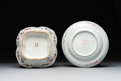 A Chinese blue, white and famille rose tea service, three famille rose bowls, a plate and a covered jar, 19th C.
