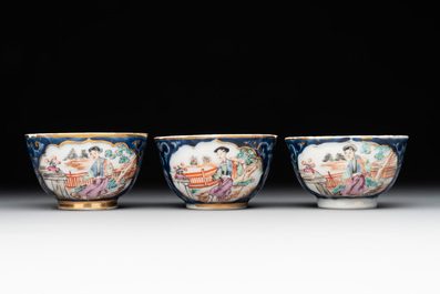 A Chinese Canton famille rose 18-piece 'mandarin subject' tea service, Qianlong