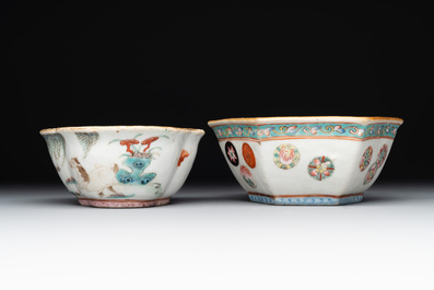 A Chinese blue, white and famille rose tea service, three famille rose bowls, a plate and a covered jar, 19th C.
