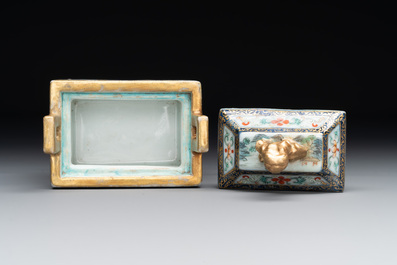 A fine Chinese gilt-decorated blue, white and famille rose covered censer, Qianlong