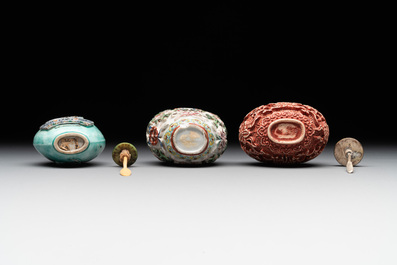 Six Chinese famille rose moulded snuff bottles, Qianlong mark, 19/20th C.
