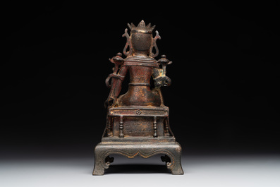 A Chinese bronze Bodhisattva on stand, Yongle mark, dated 1422