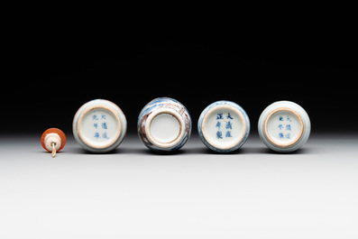 Four Chinese blue, white and copper-red snuff bottles, Yongzheng and Daoguang mark, 19th C.