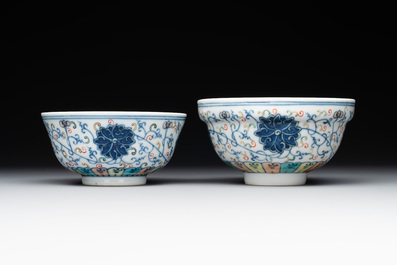 Two Chinese blue, white and famille rose bowls and two famille rose bowls, Guangxu and Shen De Tang mark, 19th C.