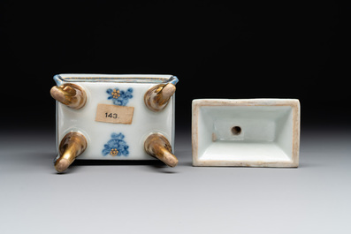 A fine Chinese gilt-decorated blue, white and famille rose covered censer, Qianlong