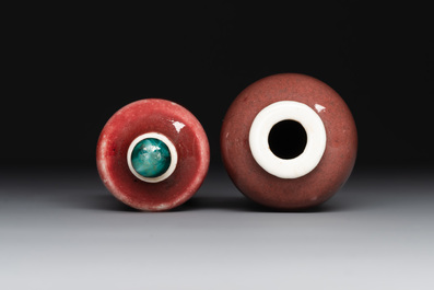 Two Chinese copper-red-glazed snuff bottles, Kangxi mark, 19th C.
